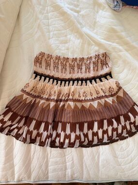 Muche Muchette Smocked Waist Brown & Cream Patterned Mini Skirt